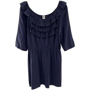 Amanda Uprichard 100% Silk Navy Blue Ruffle Front 3/4 Sleeve Mini Dress Size L